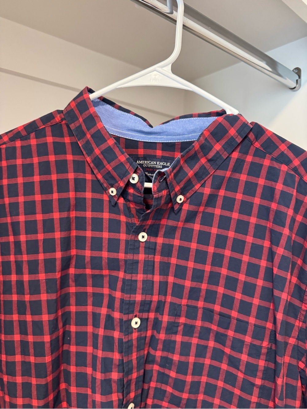American Eagle Outfitters Red and Navy Plaid Button-Down Shirt